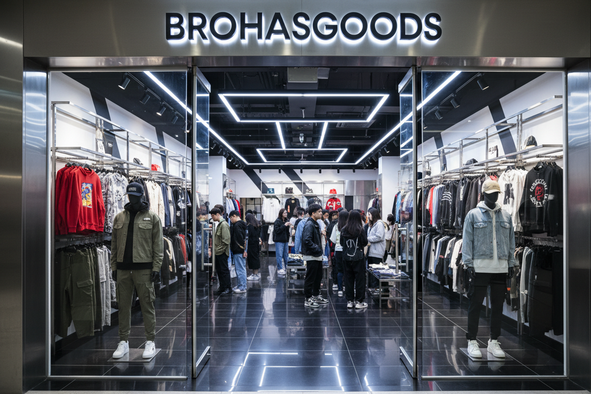 Interior of a clothing store with 'BROHASGOODS' branding, people shopping, and racks of clothes.